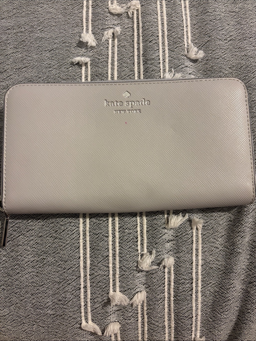 kate spade Light Gray Saffiano Zip Wallet with Silver Logo